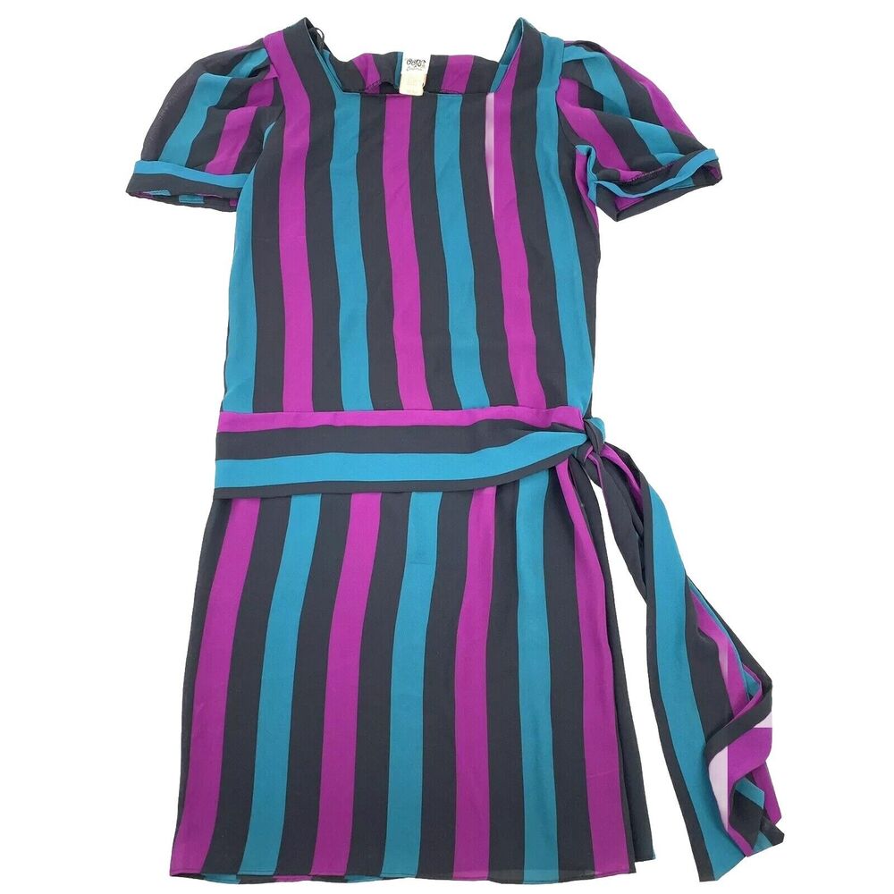 Vintage 70s Oops California Striped Chiffon Short Sleeve Dress 9/10 Purple Black